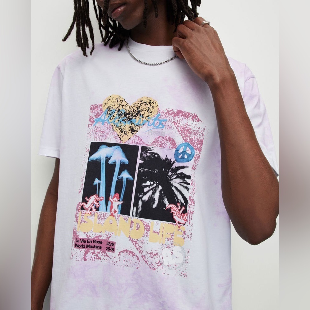AllSaints Presenta Crew T-Shirt in white&lavender tie-dye organic cotton Large